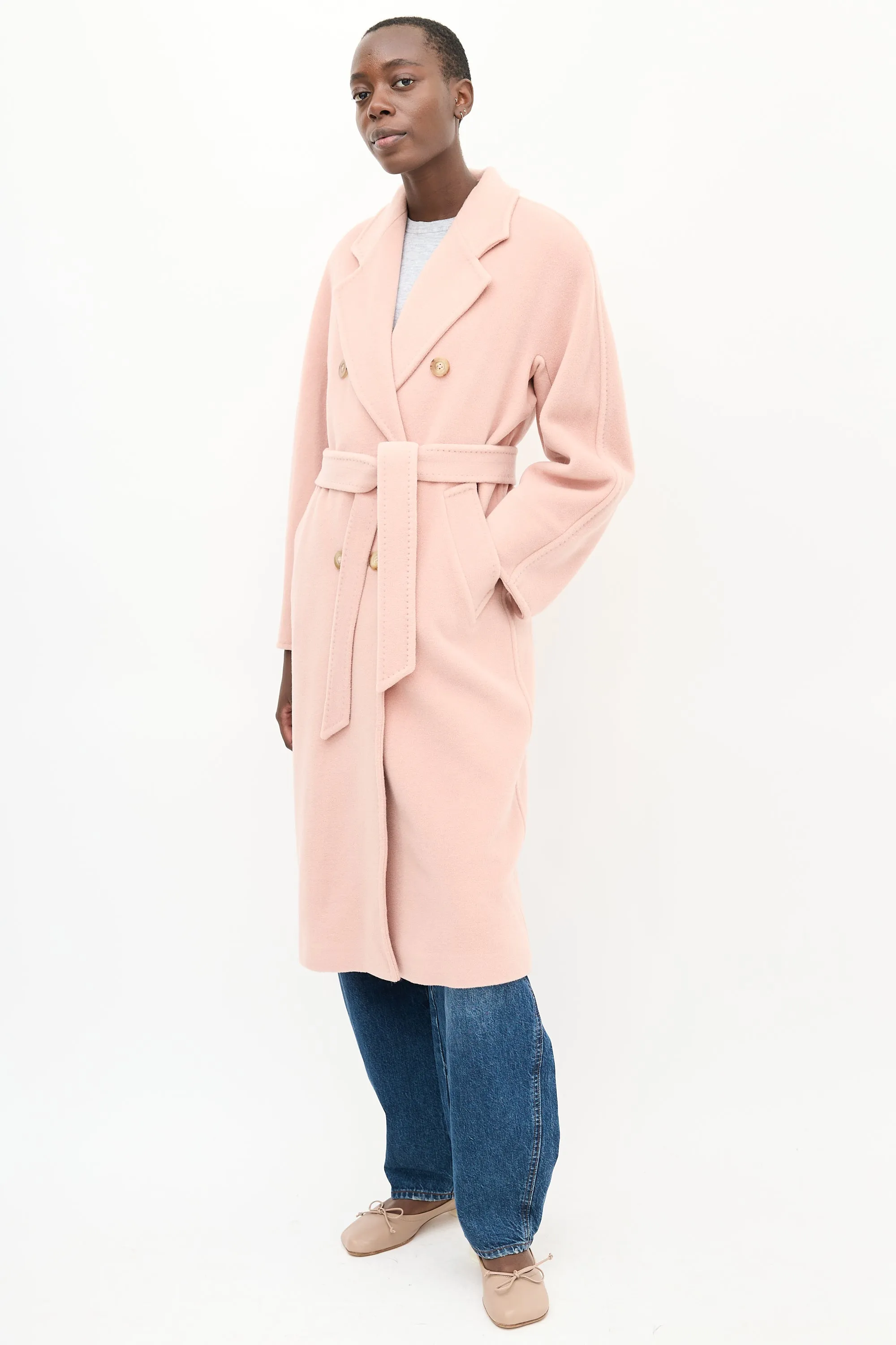 Pink Wool Double Breasted Belted Coat