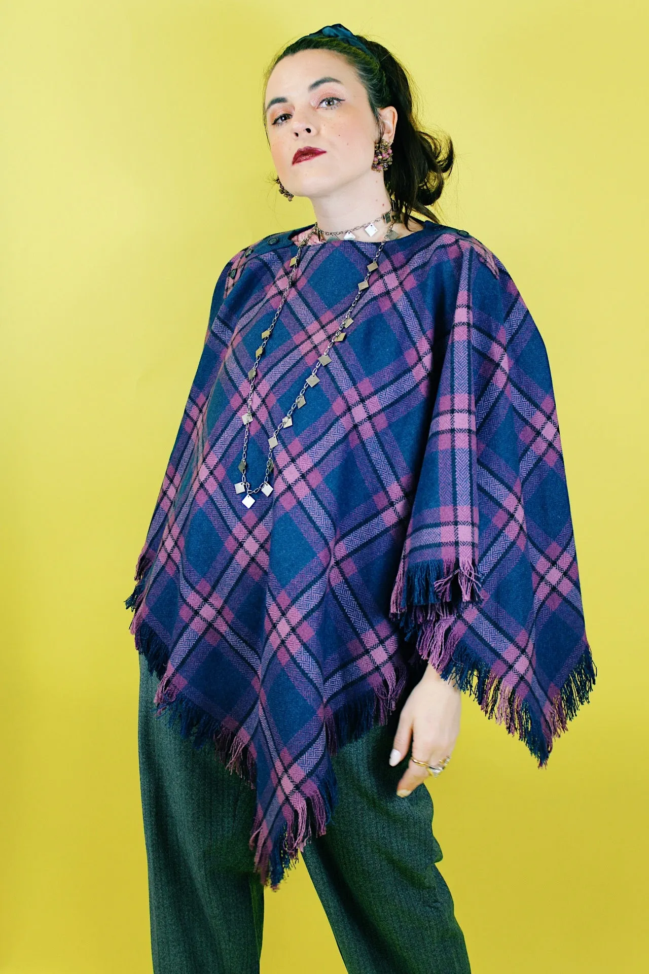 Plaid Fringe Trim Poncho