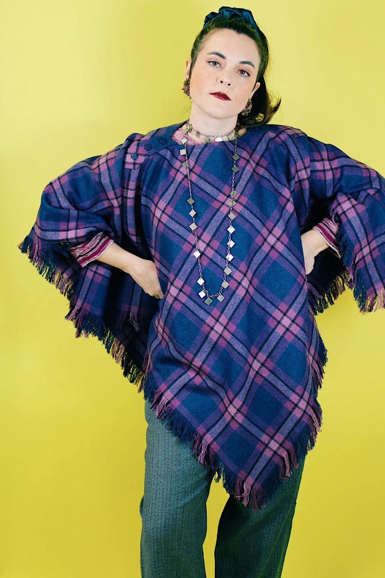 Plaid Fringe Trim Poncho