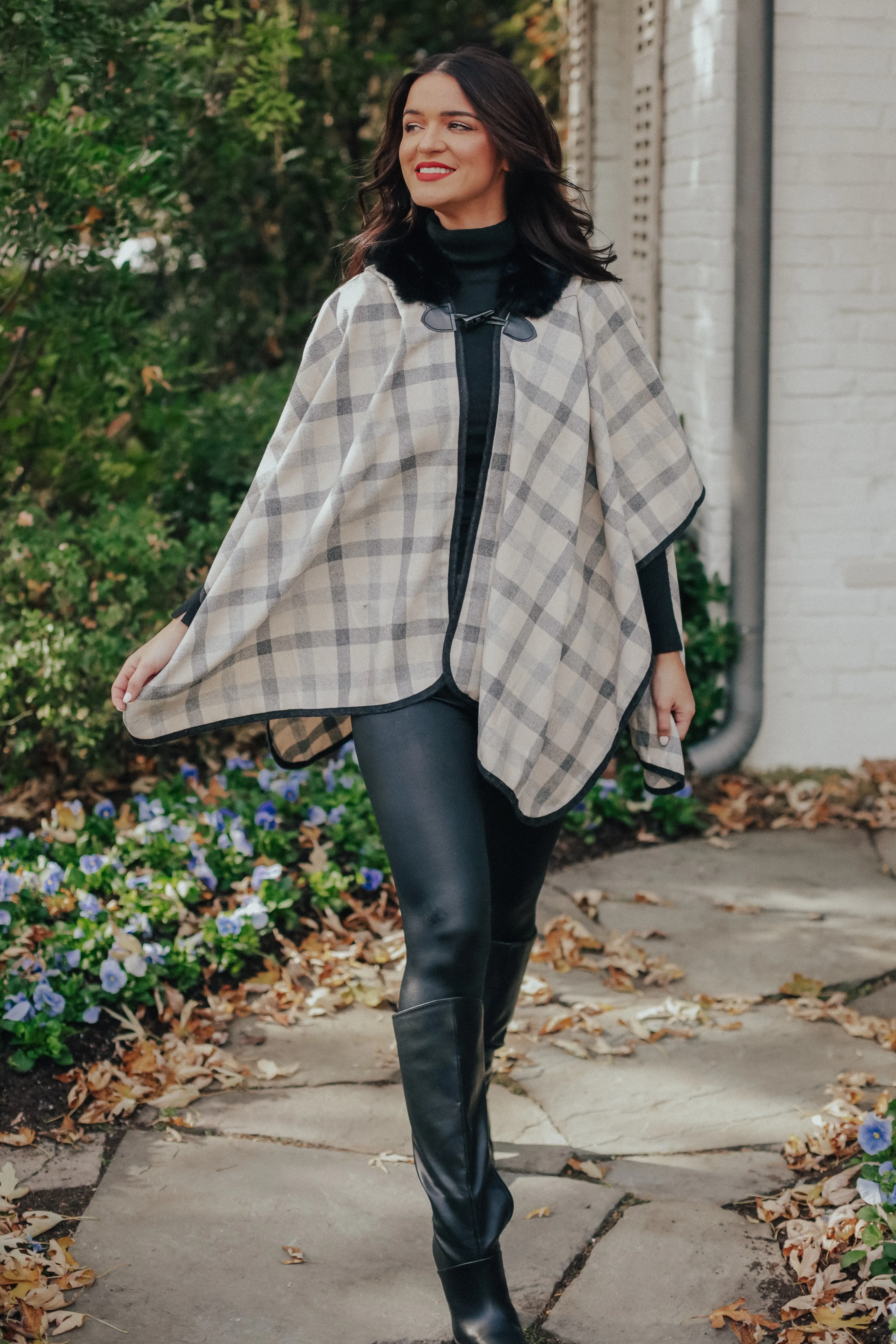 Plaid Fur Hood Poncho