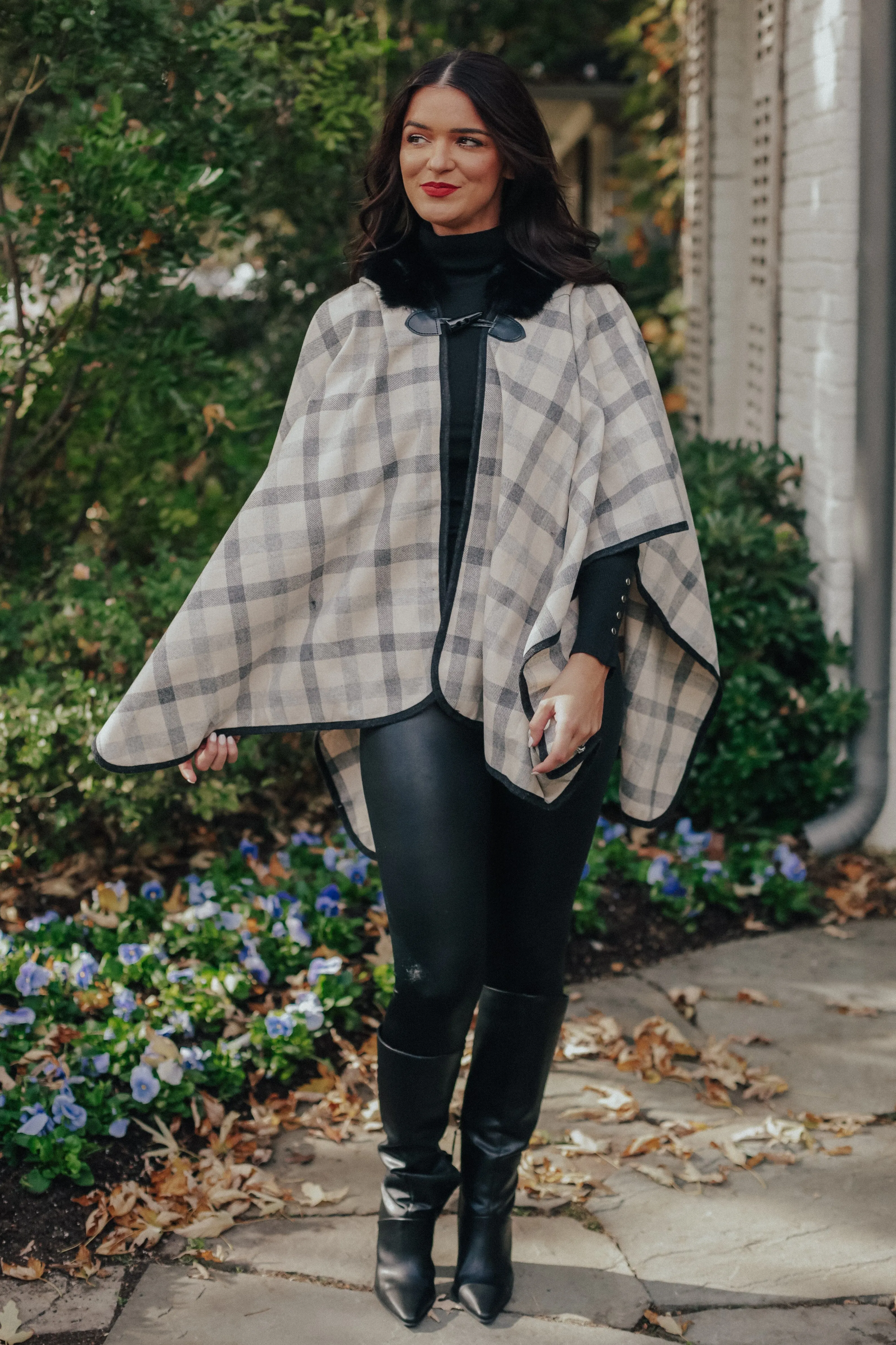 Plaid Fur Hood Poncho