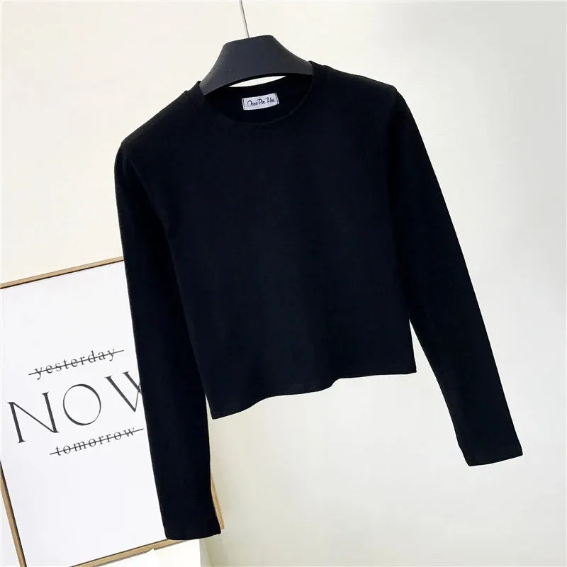 Sexy Black Cotton Women's Clothing O-Neck Long Sleeve Navel Autumn Base Women's Clothing Fashion Casual Ropa Mujer