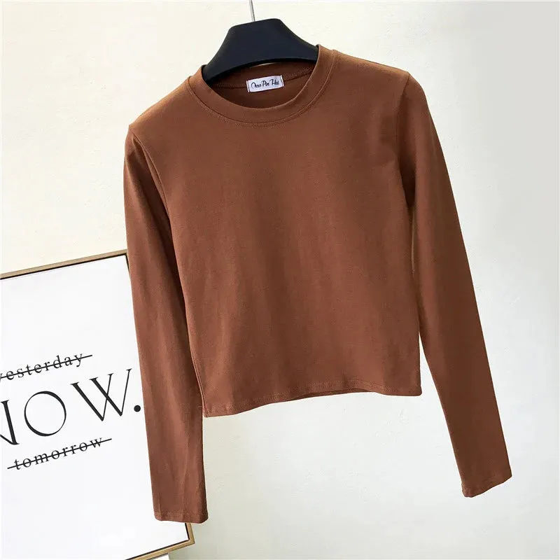 Sexy Black Cotton Women's Clothing O-Neck Long Sleeve Navel Autumn Base Women's Clothing Fashion Casual Ropa Mujer