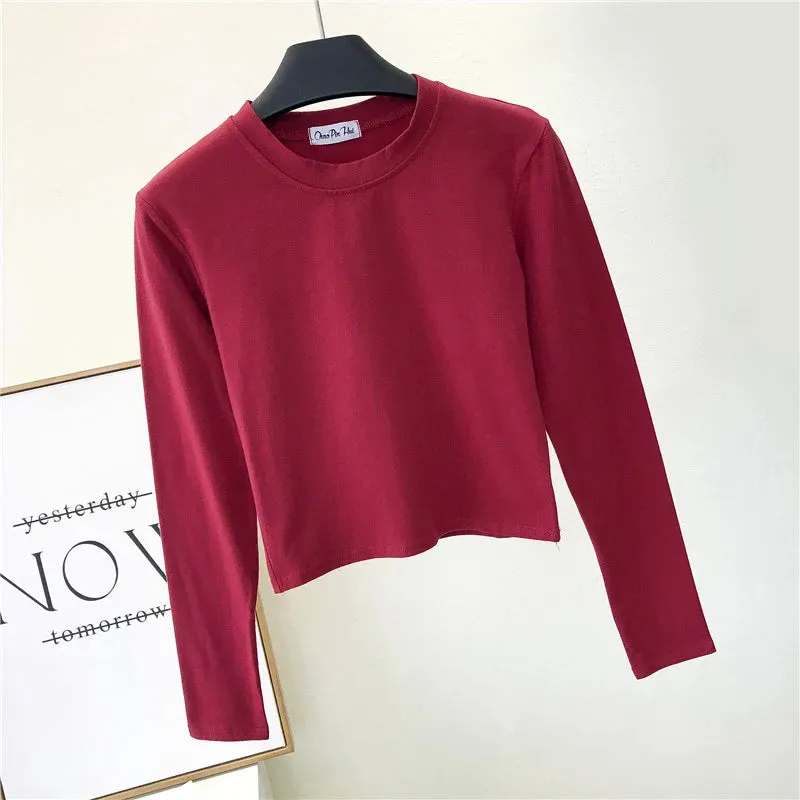 Sexy Black Cotton Women's Clothing O-Neck Long Sleeve Navel Autumn Base Women's Clothing Fashion Casual Ropa Mujer