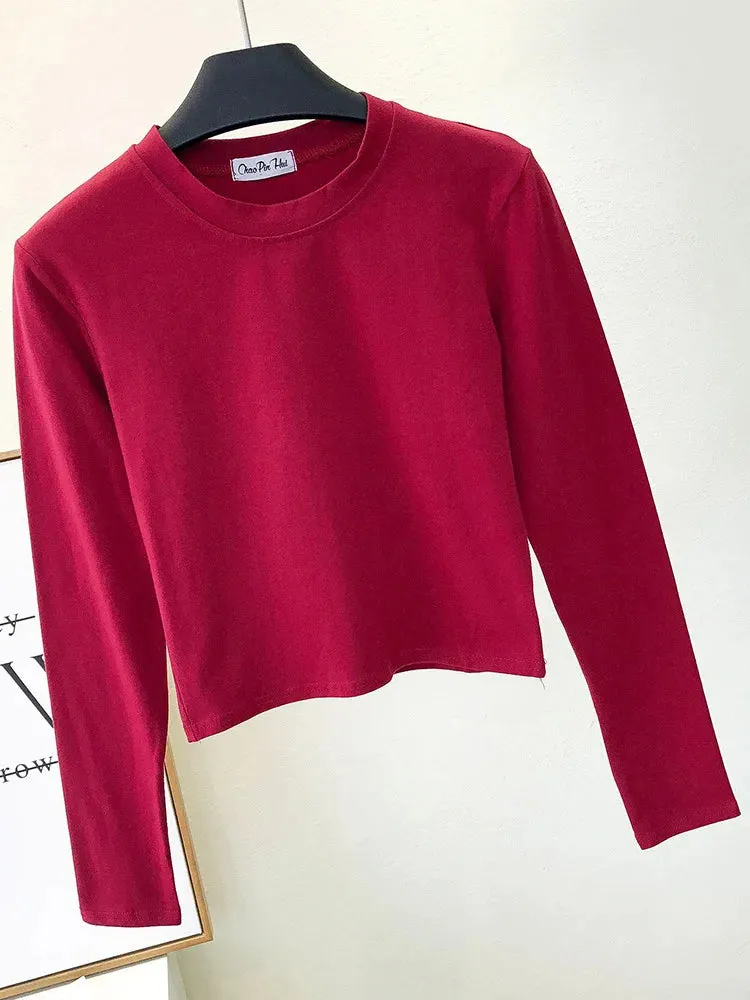 Sexy Black Cotton Women's Clothing O-Neck Long Sleeve Navel Autumn Base Women's Clothing Fashion Casual Ropa Mujer