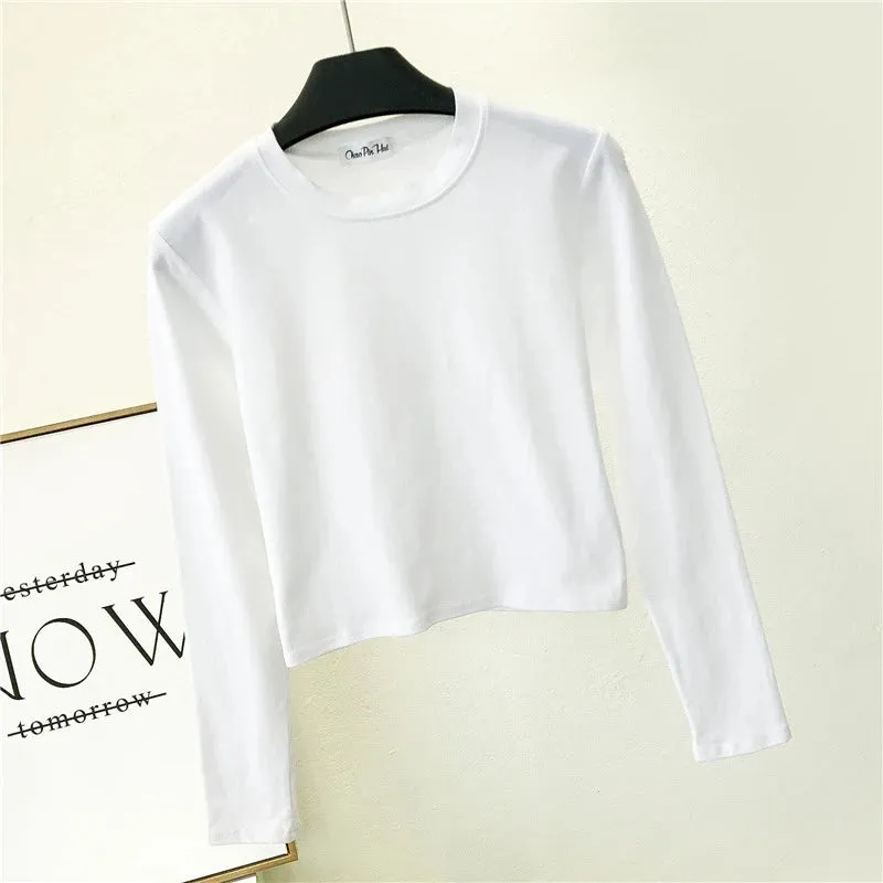 Sexy Black Cotton Women's Clothing O-Neck Long Sleeve Navel Autumn Base Women's Clothing Fashion Casual Ropa Mujer