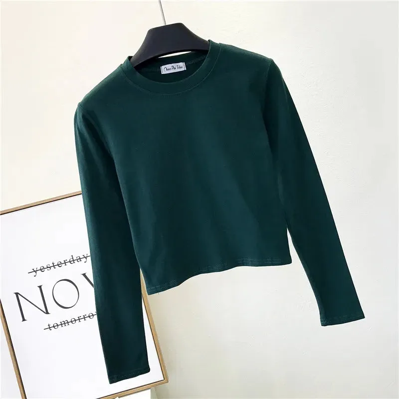 Sexy Black Cotton Women's Clothing O-Neck Long Sleeve Navel Autumn Base Women's Clothing Fashion Casual Ropa Mujer