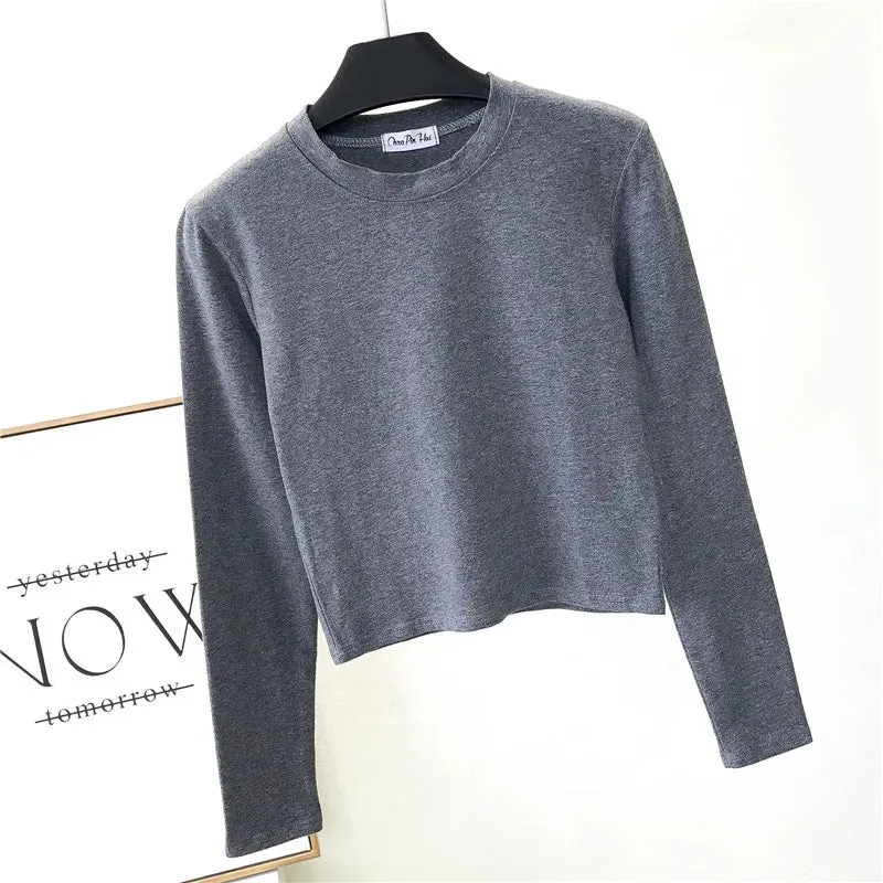 Sexy Black Cotton Women's Clothing O-Neck Long Sleeve Navel Autumn Base Women's Clothing Fashion Casual Ropa Mujer