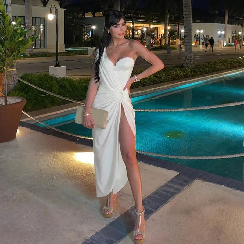 Sexy Summer Nightclub Y2K Bodycon Out White Sleeveless Slit Party Hollow Dress