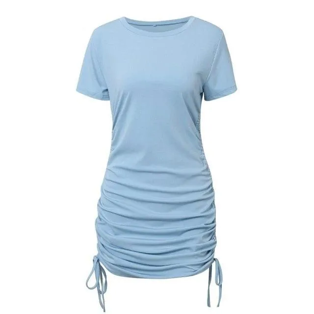 Short Sleeve  Casual O-Neck Lace Up Mini Pleated Pencil Bodycon Dress