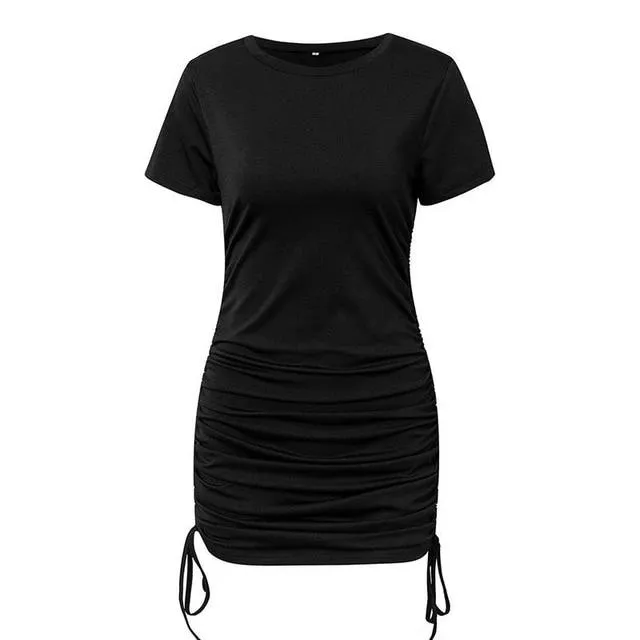 Short Sleeve  Casual O-Neck Lace Up Mini Pleated Pencil Bodycon Dress