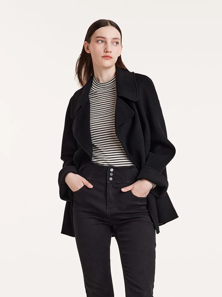 Tencel Wool Lapel Double-Faced Short Coat With Belt