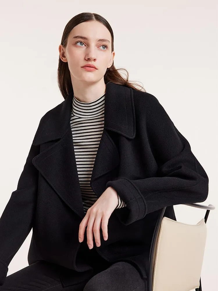 Tencel Wool Lapel Double-Faced Short Coat With Belt