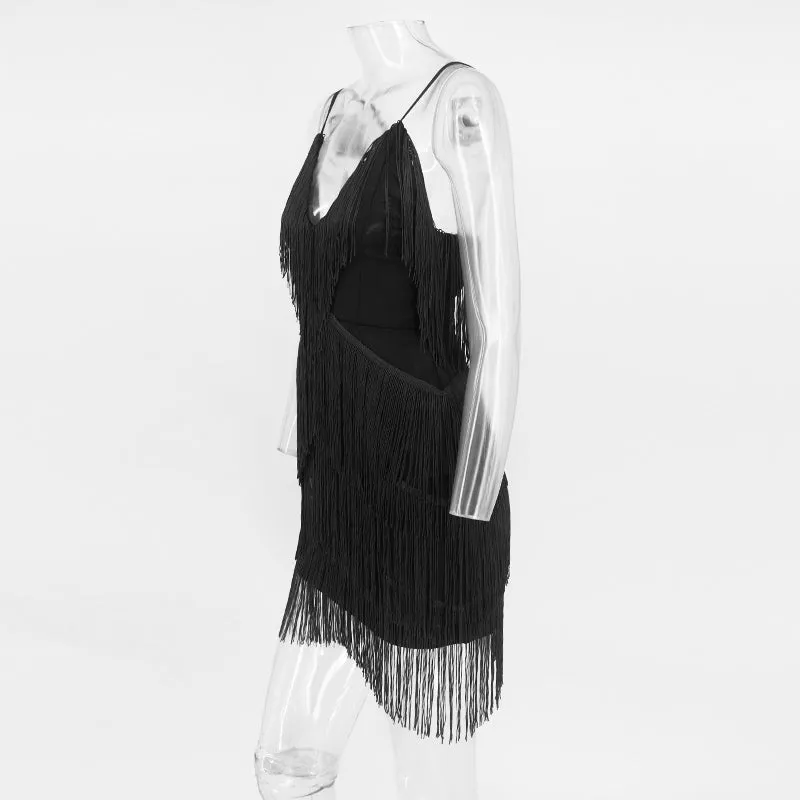 VenusFox Bodycon Tassel Spaghetti Strap Fringe Mini Dresses