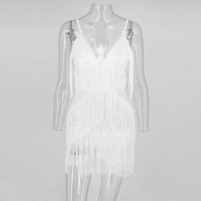 VenusFox Bodycon Tassel Spaghetti Strap Fringe Mini Dresses