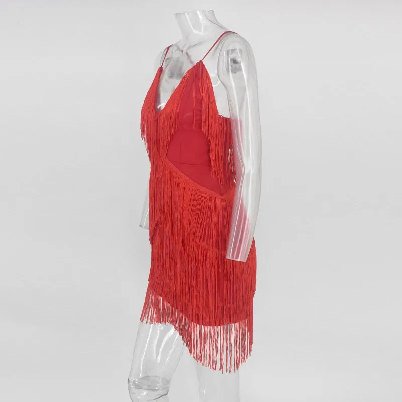 VenusFox Bodycon Tassel Spaghetti Strap Fringe Mini Dresses