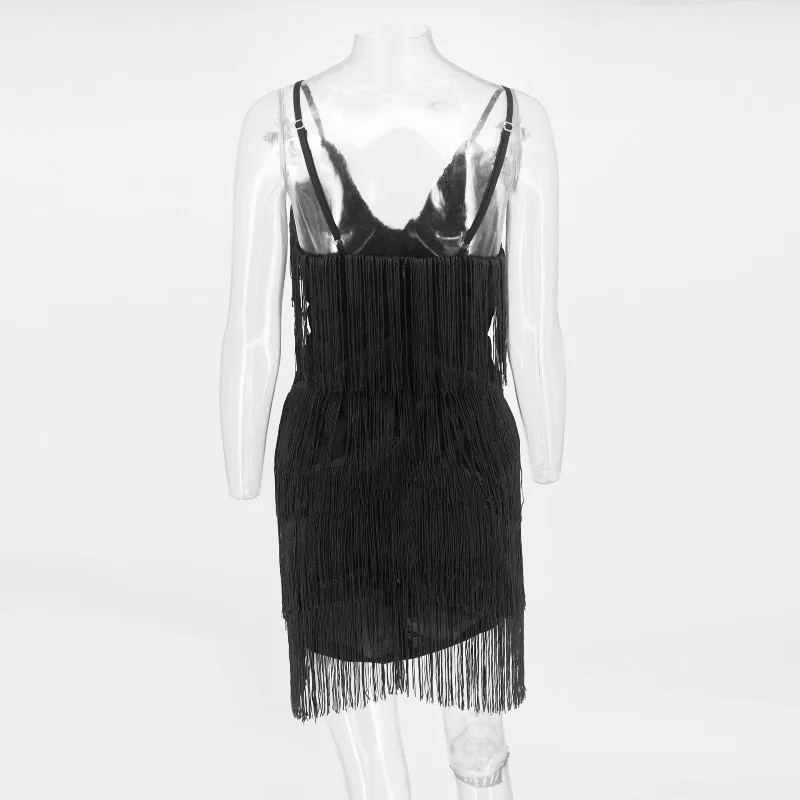 VenusFox Bodycon Tassel Spaghetti Strap Fringe Mini Dresses