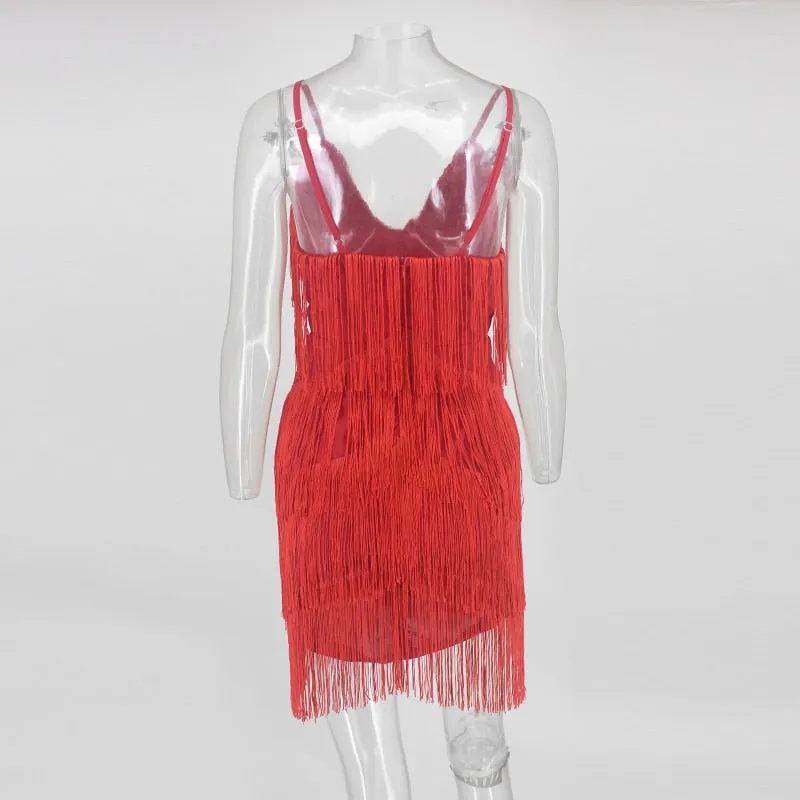VenusFox Bodycon Tassel Spaghetti Strap Fringe Mini Dresses