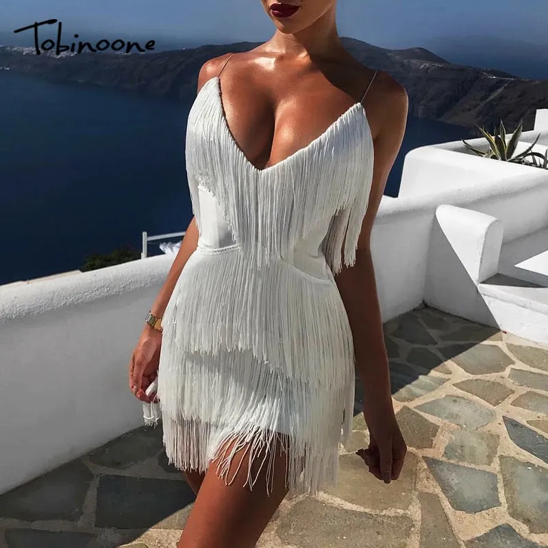 VenusFox Bodycon Tassel Spaghetti Strap Fringe Mini Dresses