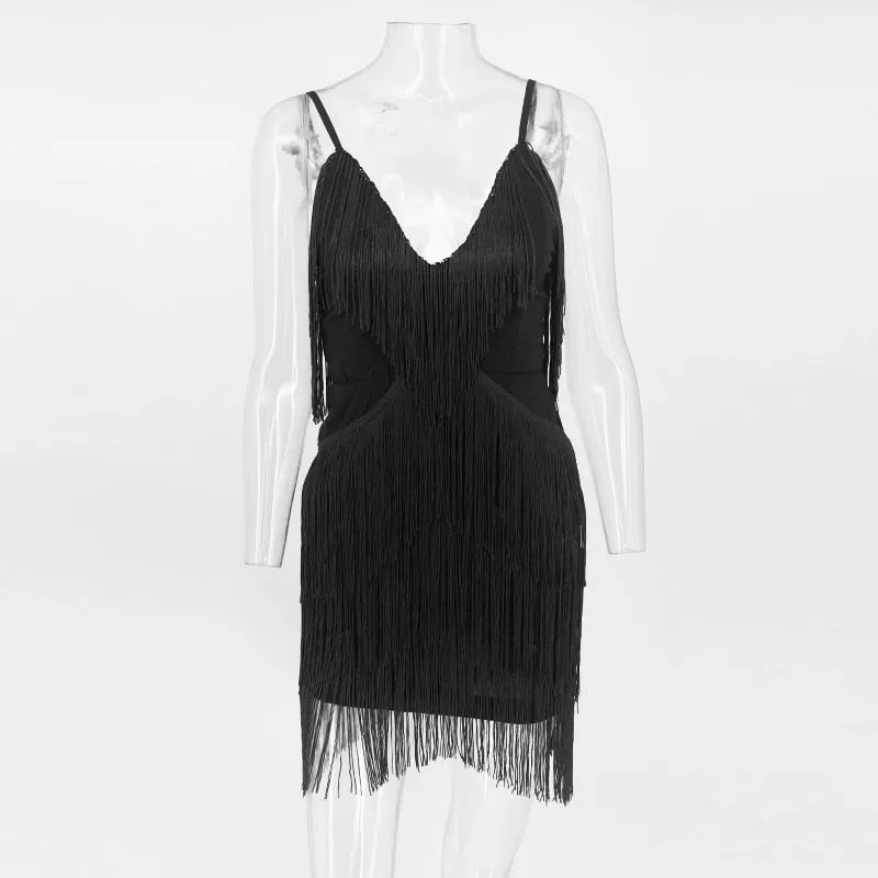 VenusFox Bodycon Tassel Spaghetti Strap Fringe Mini Dresses