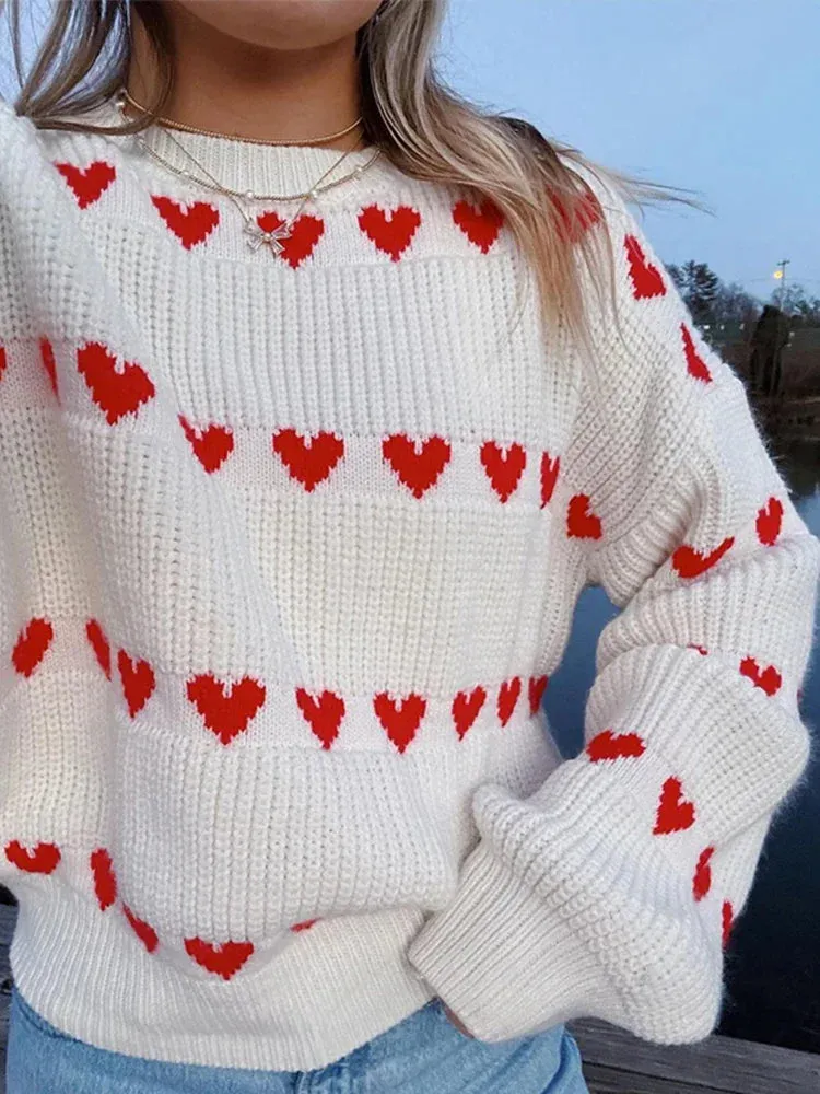 Wenkouban-Christmas Thanksgiving outfits_Casual Cozy Heart Print Loose O-neck Long Sleeve Stylish Warm Sweater