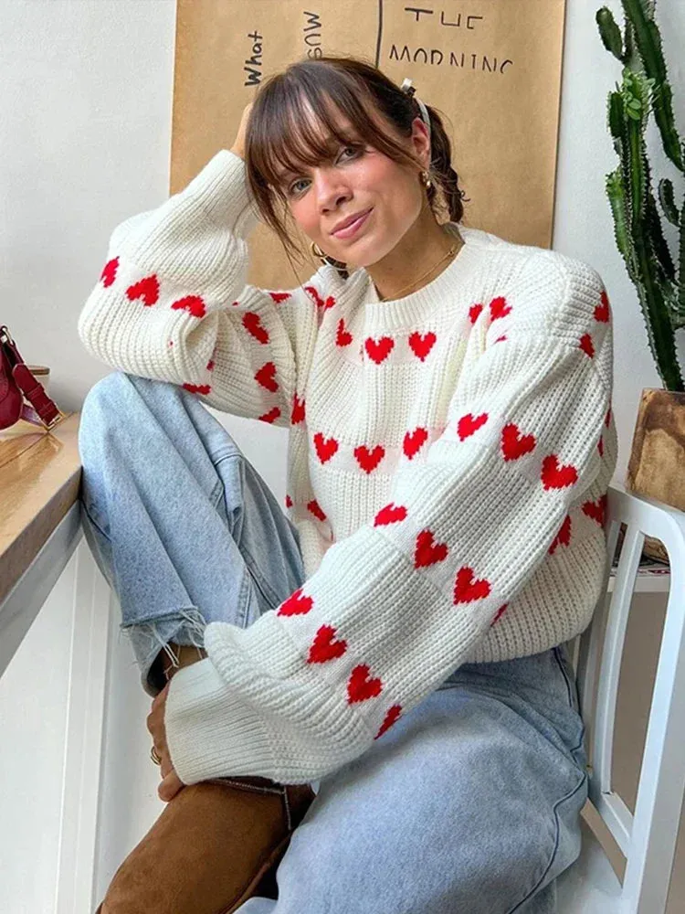 Wenkouban-Christmas Thanksgiving outfits_Casual Cozy Heart Print Loose O-neck Long Sleeve Stylish Warm Sweater