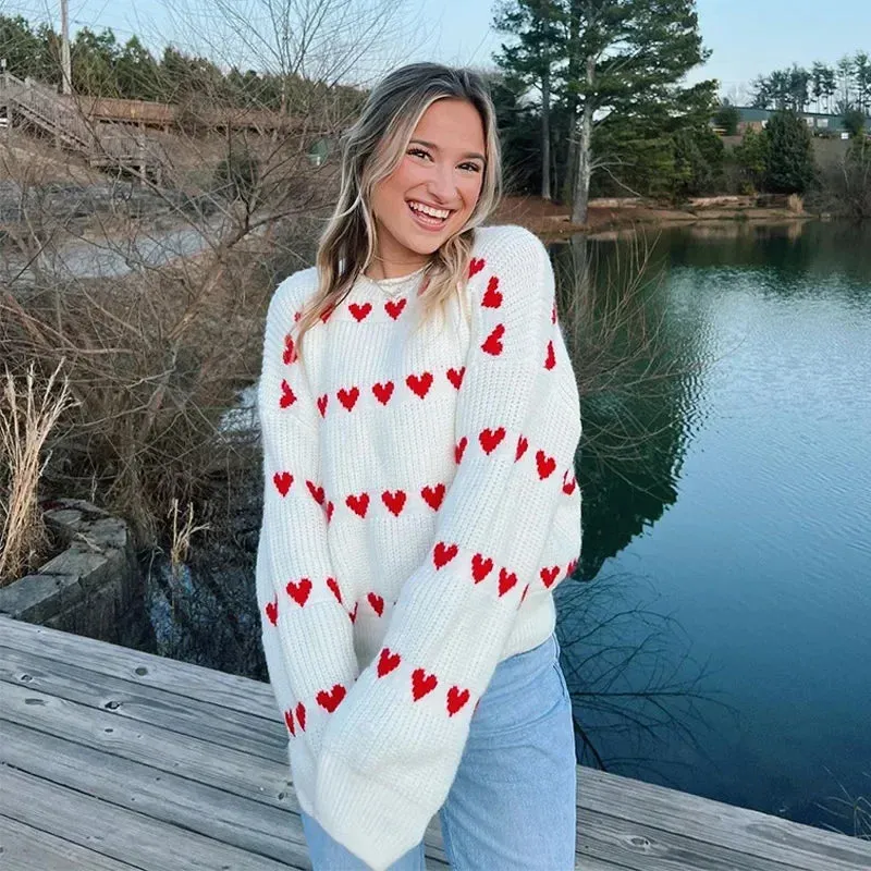 Wenkouban-Christmas Thanksgiving outfits_Casual Cozy Heart Print Loose O-neck Long Sleeve Stylish Warm Sweater