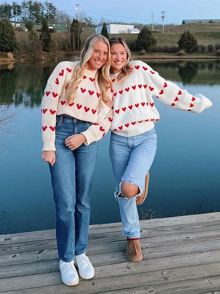 Wenkouban-Christmas Thanksgiving outfits_Casual Cozy Heart Print Loose O-neck Long Sleeve Stylish Warm Sweater