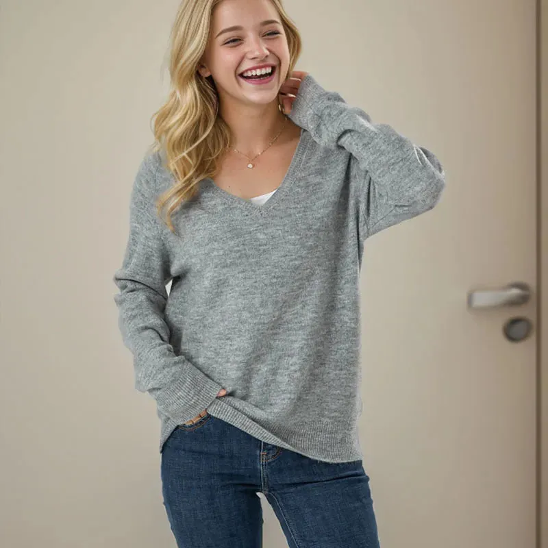 Wenkouban-Christmas Thanksgiving outfits_Solid Cozy V-neck Black Casual Long Sleeve Stylish Knitted Autumn Sweater
