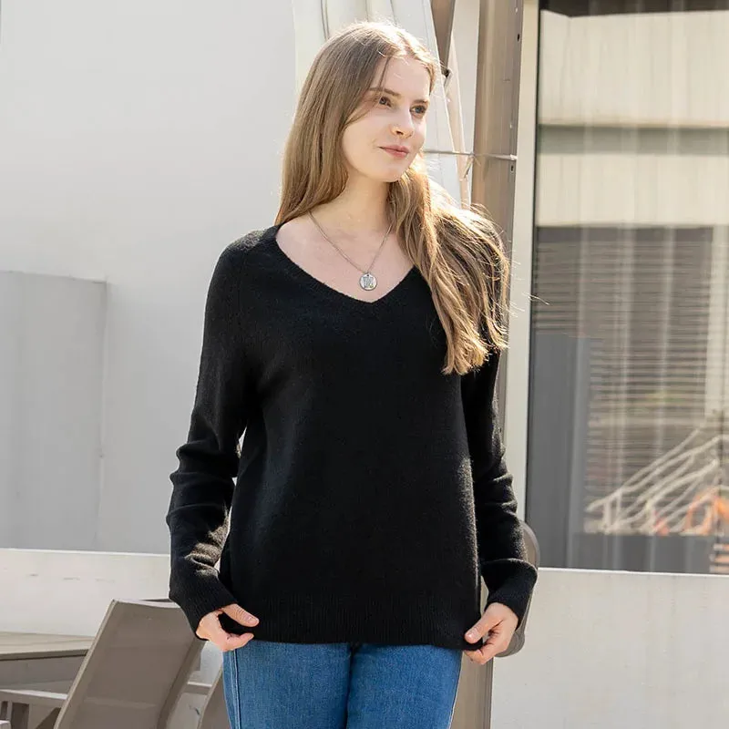 Wenkouban-Christmas Thanksgiving outfits_Solid Cozy V-neck Black Casual Long Sleeve Stylish Knitted Autumn Sweater