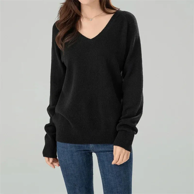 Wenkouban-Christmas Thanksgiving outfits_Solid Cozy V-neck Black Casual Long Sleeve Stylish Knitted Autumn Sweater