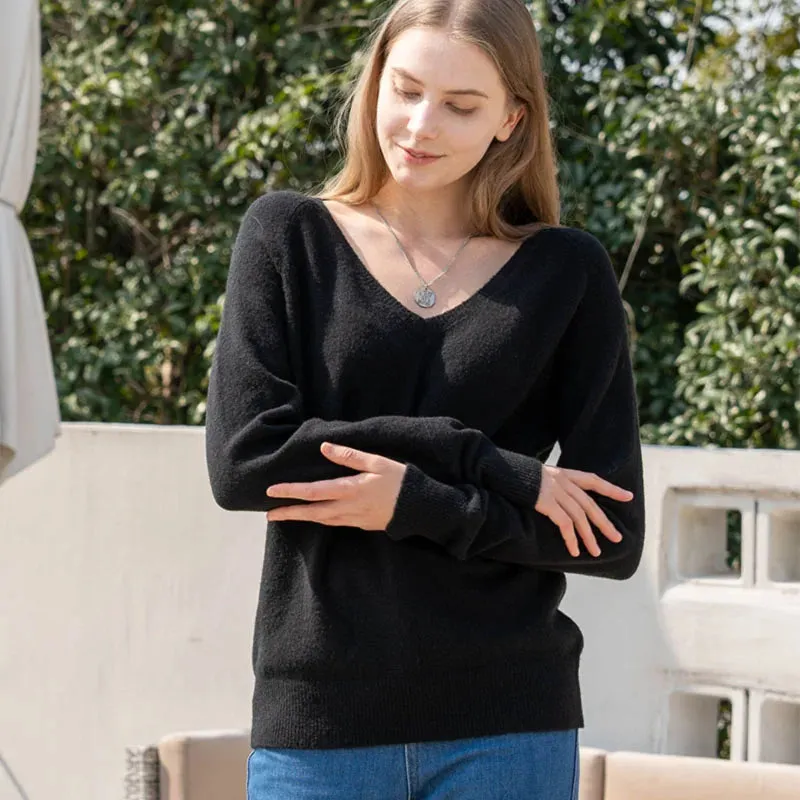 Wenkouban-Christmas Thanksgiving outfits_Solid Cozy V-neck Black Casual Long Sleeve Stylish Knitted Autumn Sweater