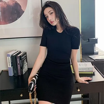 Wenkouban Dresses For Women 2023 Summer Korean Style Casual Solid Mini O Neck Short Sleeve Knitted Woman Slim Thin Black Bodycon Dress
