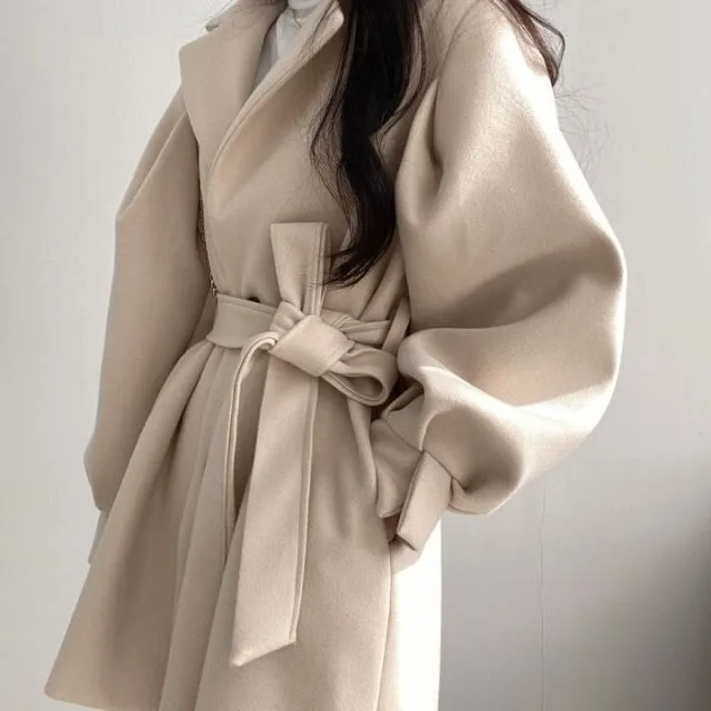Wjczt Women Solid Wool Blend Coat Slim Fit Belt Coats Female Warm Plus Cotton Thicker V-neck Office Lady Elegant Trendy Button Outwear