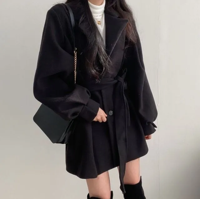 Wjczt Women Solid Wool Blend Coat Slim Fit Belt Coats Female Warm Plus Cotton Thicker V-neck Office Lady Elegant Trendy Button Outwear