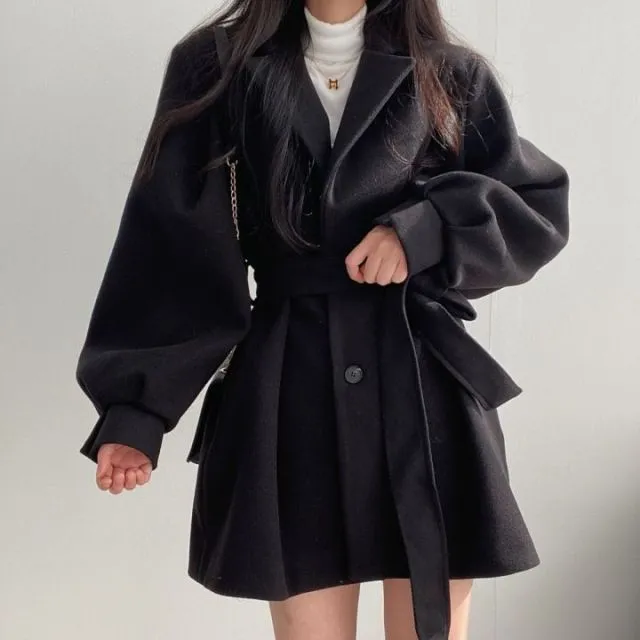 Wjczt Women Solid Wool Blend Coat Slim Fit Belt Coats Female Warm Plus Cotton Thicker V-neck Office Lady Elegant Trendy Button Outwear