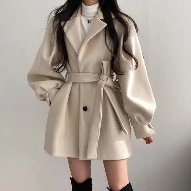 Wjczt Women Solid Wool Blend Coat Slim Fit Belt Coats Female Warm Plus Cotton Thicker V-neck Office Lady Elegant Trendy Button Outwear